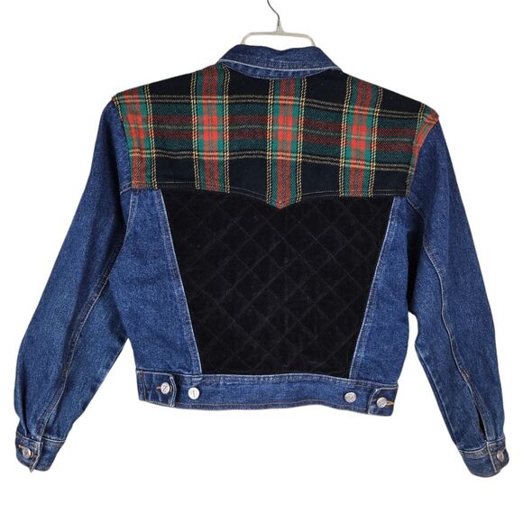 Vtg Zip Code Black Quilted Velvet Plaid Flannel Blue Crop Denim Jean Jacket Sz M - Picture 3 of 5